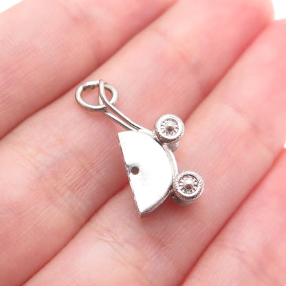 925 Sterling Silver Antique Art Deco Baby Stroller Minimalist 3D Charm Pendant
