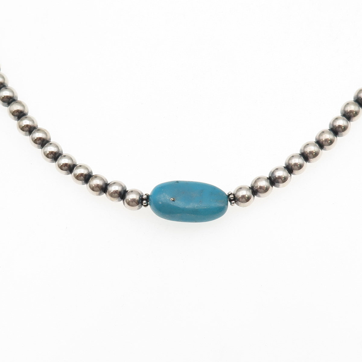 925 Sterling Silver Vintage Real Turquoise Ball Beaded Chain Necklace 16-18"