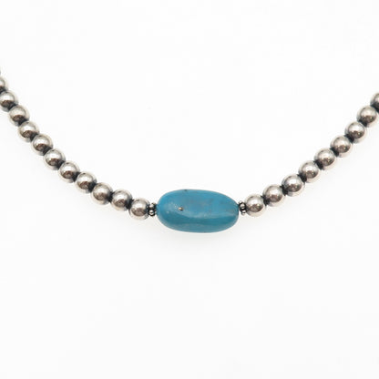 925 Sterling Silver Vintage Real Turquoise Ball Beaded Chain Necklace 16-18"