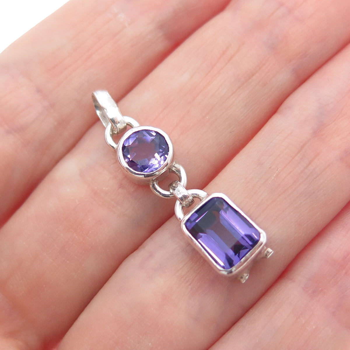 925 Sterling Silver Vintage Real Round & Emerald-Cut Amethyst Charm Pendant