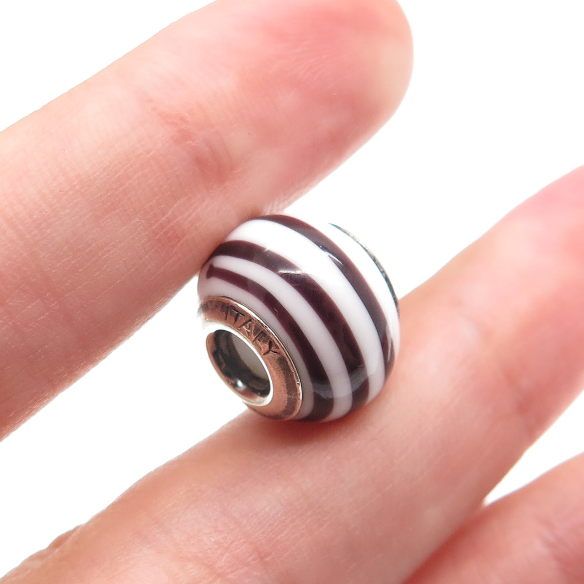 925 Sterling Silver QG Italy Chocolate & White Murano Glass Bead Charm