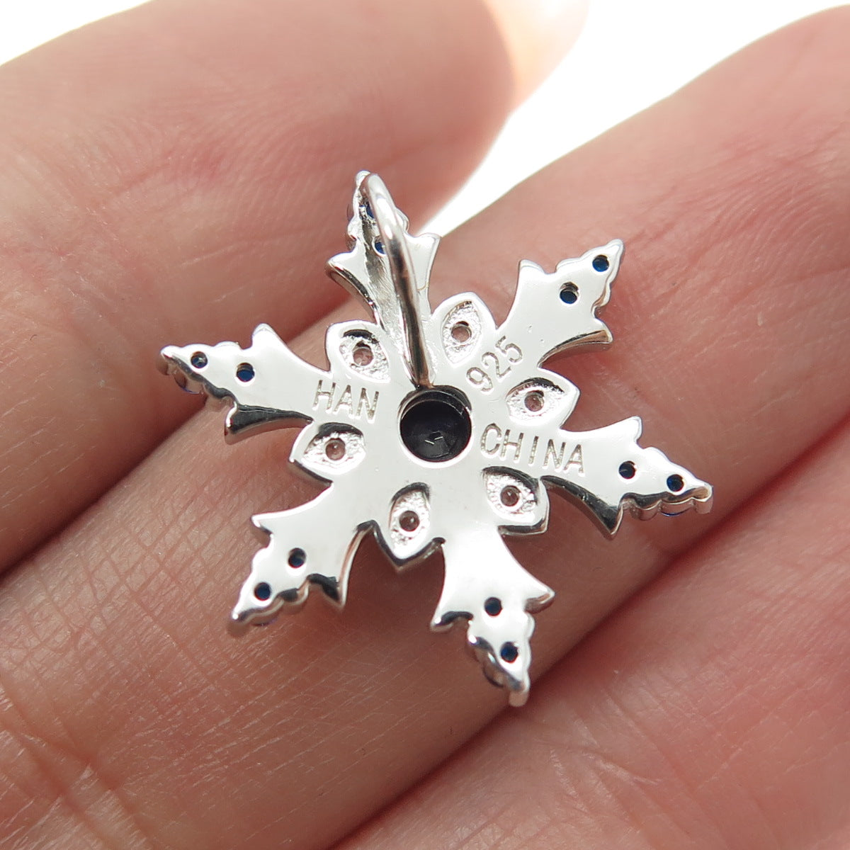 HAN 925 Sterling Silver Lab-Created Sapphire & C Z Snowflake Slide Pendant