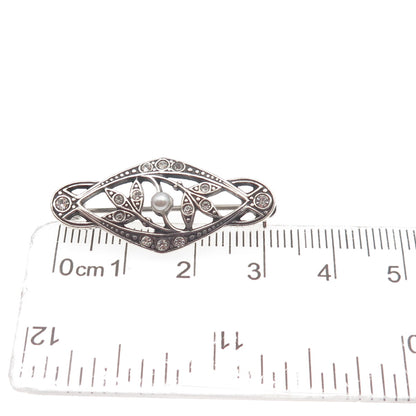 925 Sterling Silver Vintage Faux Pearl & Rhinestone Floral Oxidized Pin Brooch