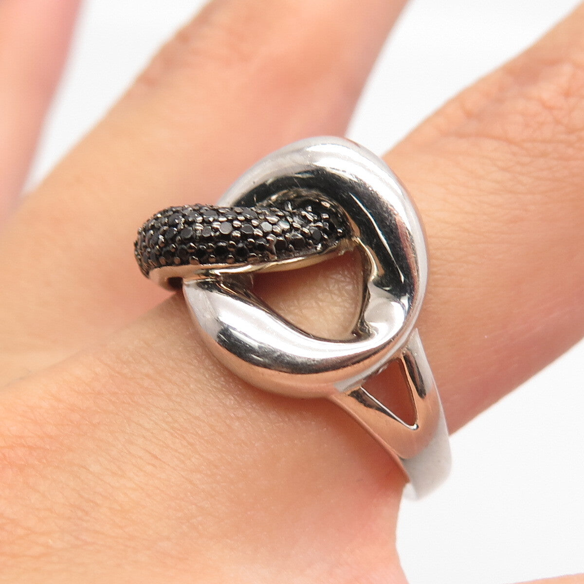 925 Sterling Silver Real Melanite Gem Double Circle Ring Size 7