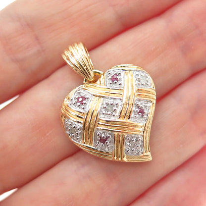 DBJ DEE BERKLE 925 Sterling Silver Gold Plated Real Diamond & Ruby Heart Pendant