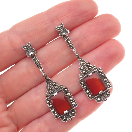 925 Sterling Silver Vintage Real Carnelian & Marcasite Oxidized Dangle Earrings