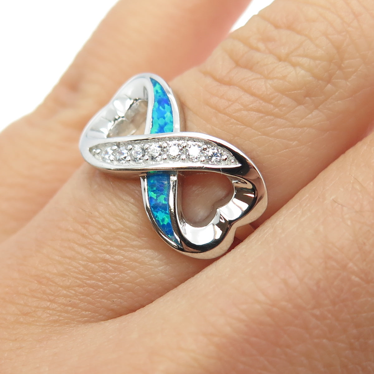 925 Sterling Silver Real Opal & Round-Cut C Z Infinity Heart Ring Size 5