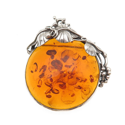 925 Sterling Silver Vintage Real Amber Modernist Floral Oxidized Pin Brooch