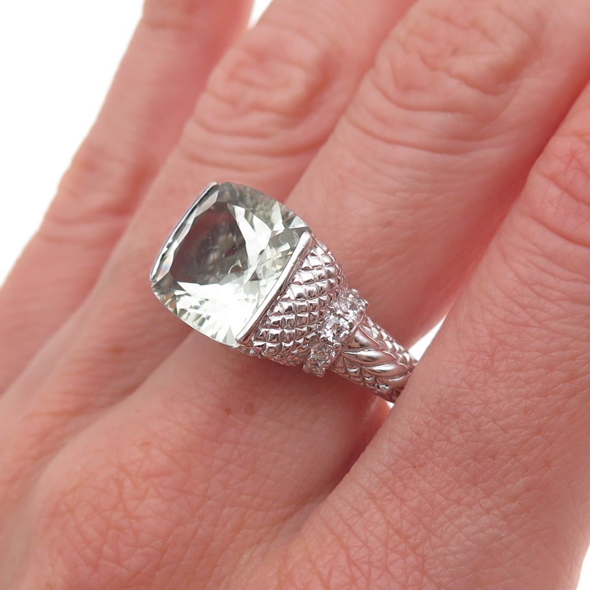 Judith Ripka 925 Sterling Silver Real Green Amethyst & C Z Ring Size 9.25