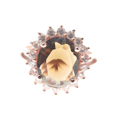 925 Sterling Silver Rose Gold Plated Real Smoky Quartz & C Z Ring Size 7.5