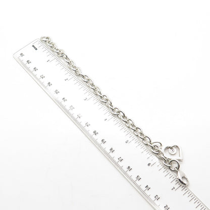 925 Sterling Silver Real Round-Cut Diamond Heart Rolo Cable Link Bracelet 6.75"