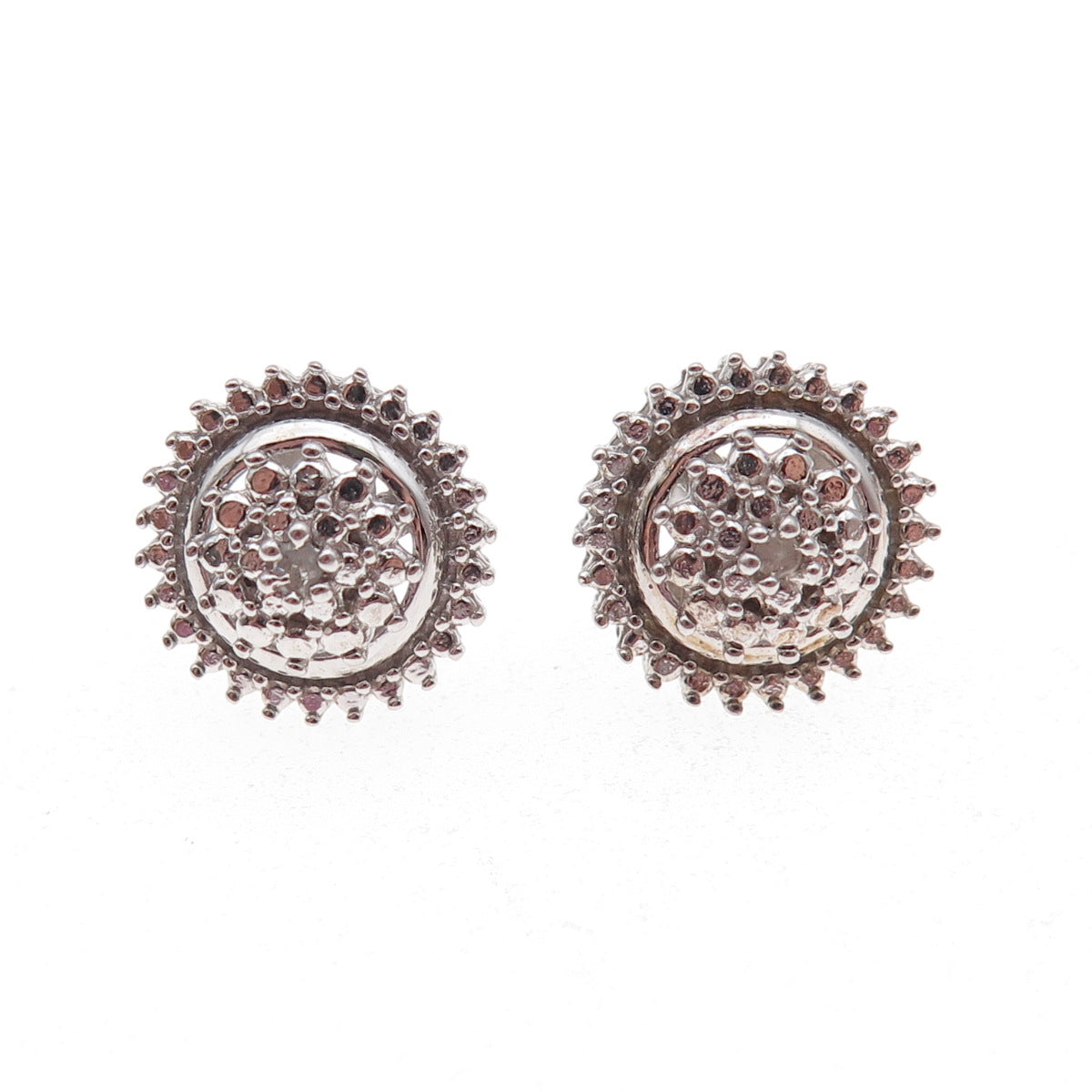 925 Sterling Silver Real Round-Cut Diamond Sun Stud Earrings