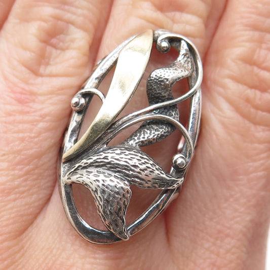 14K Gold & 925 Sterling Silver Vintage Modernist Floral Oxidized Ring Size 7.25