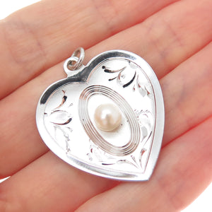 THEDA 925 Sterling Silver Vintage Real Pearl Engraved Heart Charm Pendant