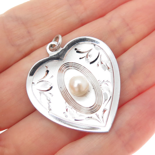 THEDA 925 Sterling Silver Vintage Real Pearl Engraved Heart Charm Pendant