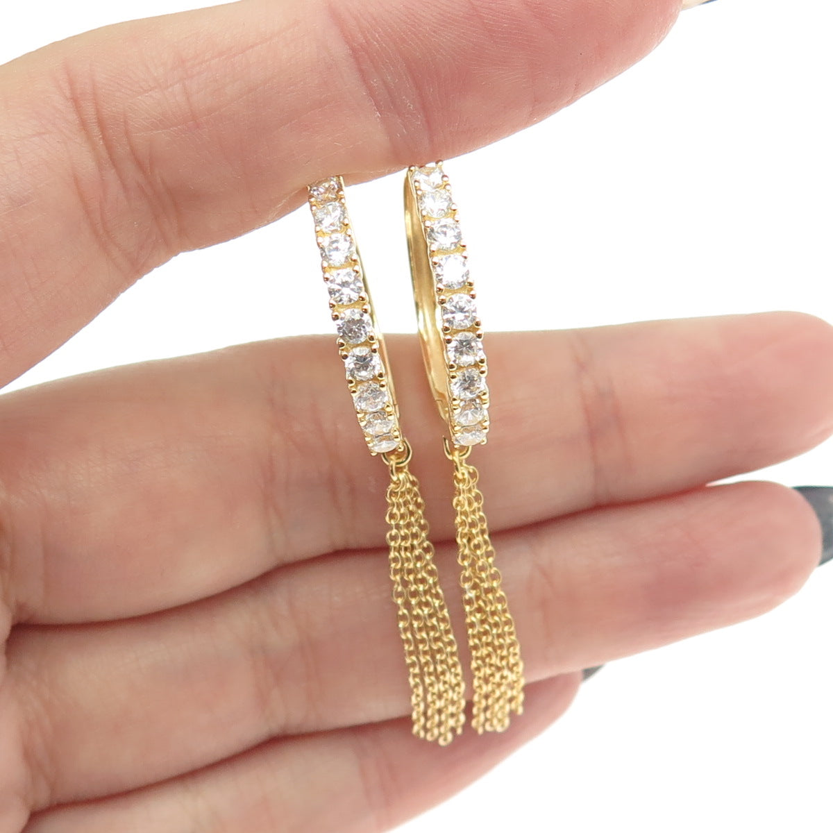 925 Sterling Silver Gold Plated Round-Cut C Z Tassel Hoop Earrings