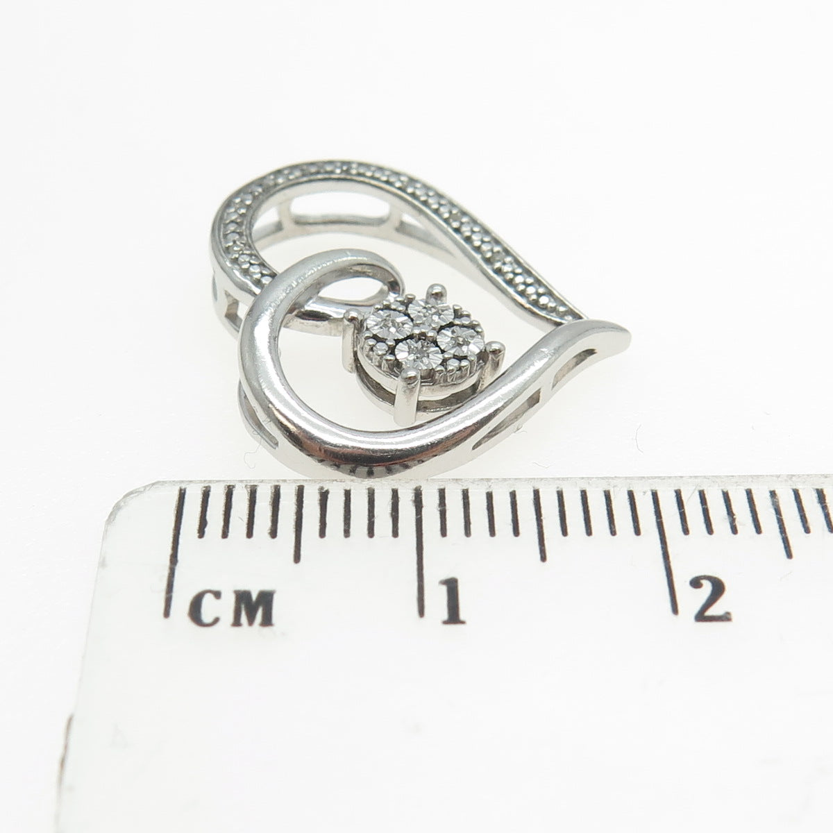 925 Sterling Silver Real Round-Cut White Diamond Heart Slide Pendant