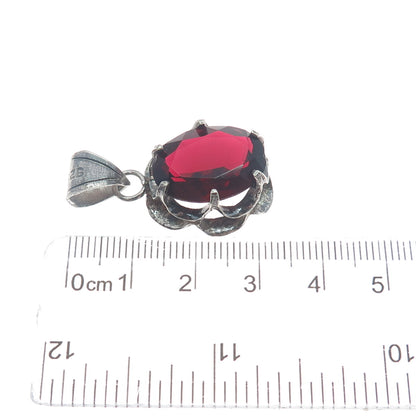 925 Sterling Silver Vintage Oval-Cut Red C Z Gemstone Oxidized Pendant