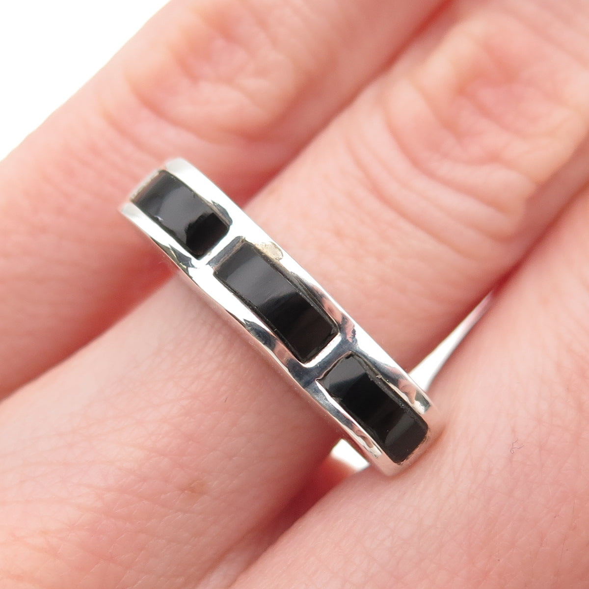 Sidney Evan 925 Sterling Silver Vintage Real Black Onyx Modernist Ring Size 5.75
