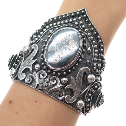 THAI NAKON 939 Silver Antique Siam Niello Hindu Goddess Oxidized Bracelet 7.25"