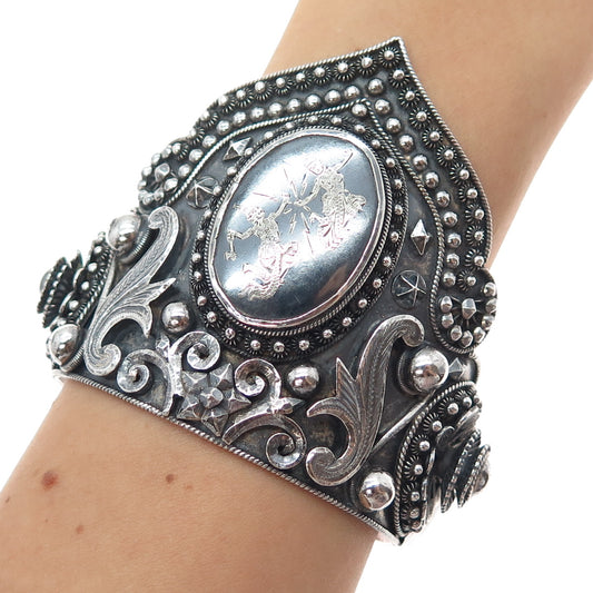 THAI NAKON 939 Silver Antique Siam Niello Hindu Goddess Oxidized Bracelet 7.25"