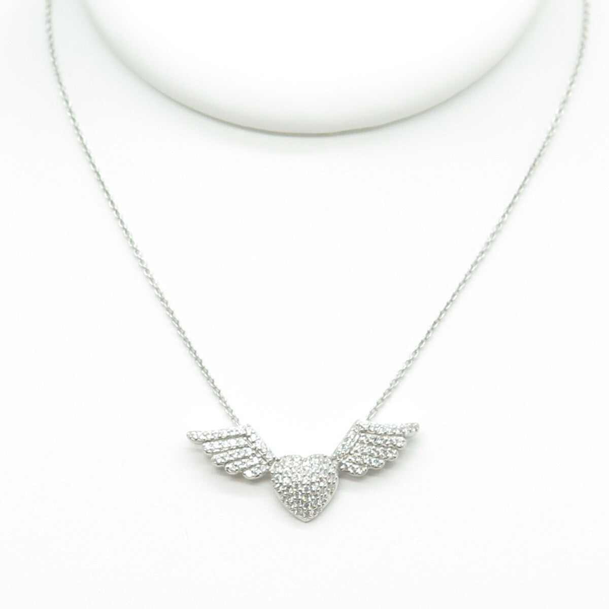 925 Sterling Silver Pave C Z Heart w/Wings Rolo Chain Necklace 18"