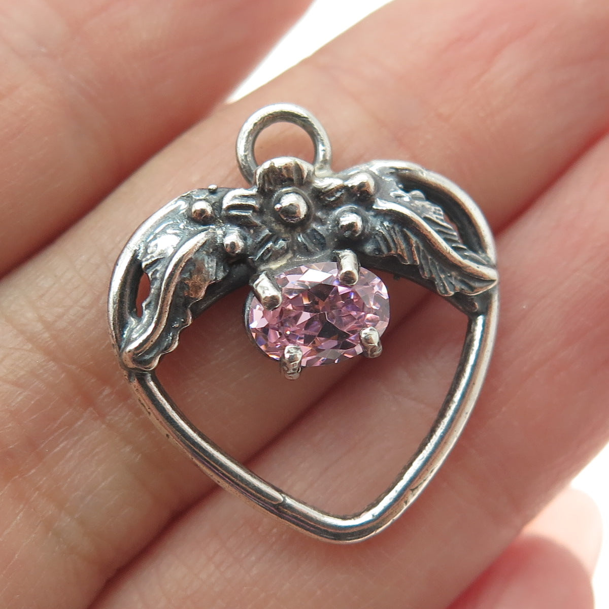 925 Sterling Silver Vintage Pink Oval-Cut Shaped C Z Floral Leaf Heart Pendant