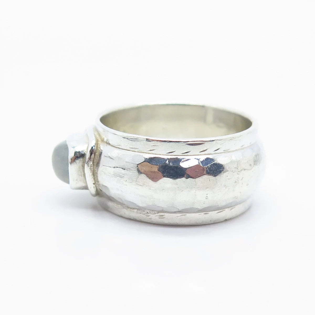 925 Sterling Silver Vintage Real Clear Quartz Hammered Wide Ring Size 8