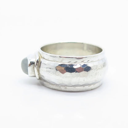 925 Sterling Silver Vintage Real Clear Quartz Hammered Wide Ring Size 8