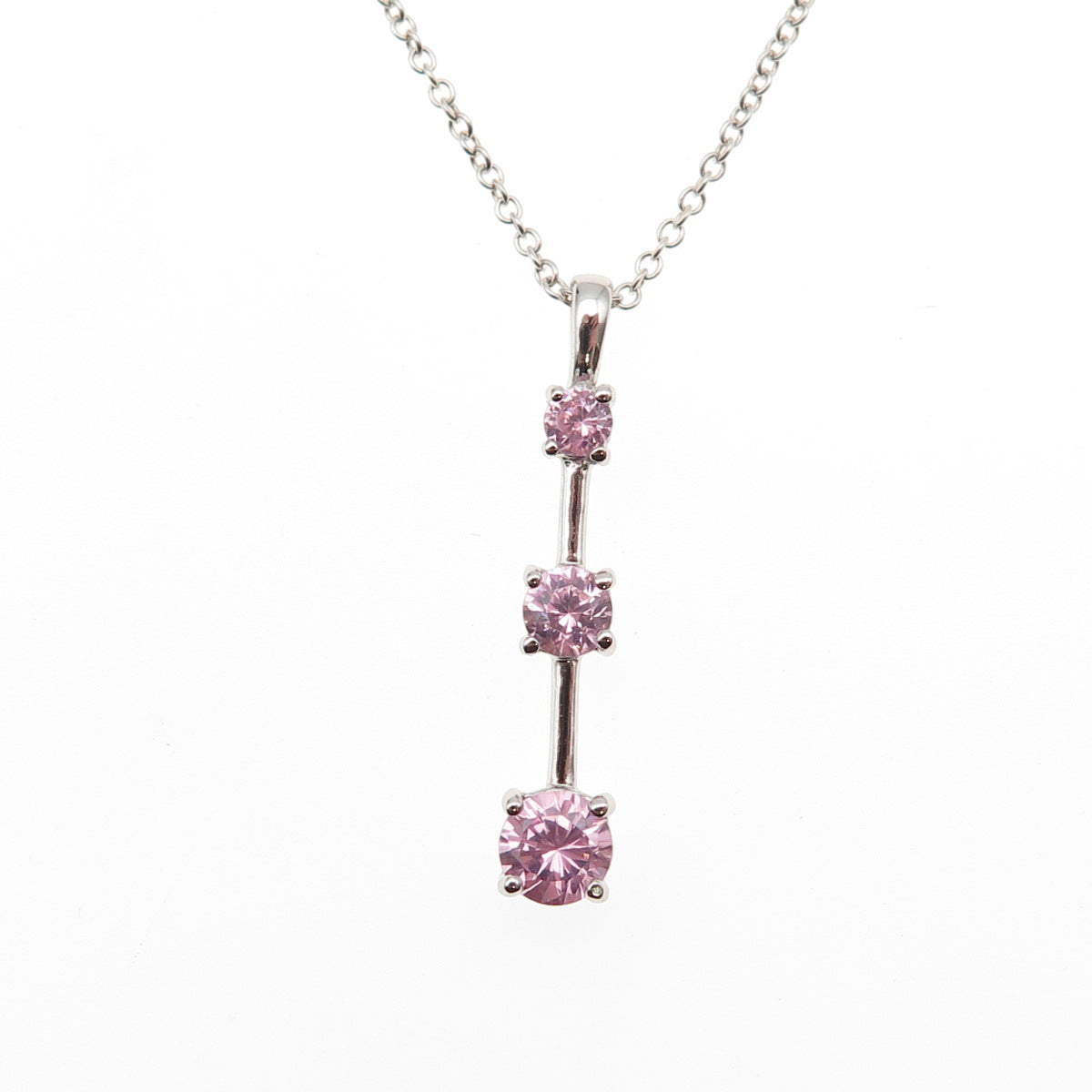 925 Sterling Silver Round-Cut Pink C Z Graduated Drop Cable Chain Necklace 18"