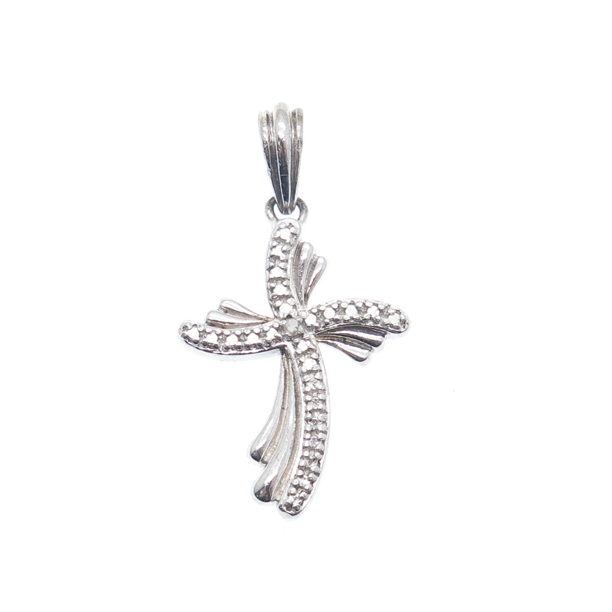 925 Sterling Silver Real Diamond Accent Wavy Cross Charm Pendant