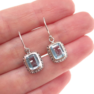 925 Sterling Silver Vintage Real Blue Topaz Spiral Oxidized Dangle Earrings
