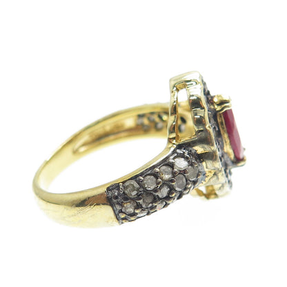 925 Sterling Silver Gold Plated Real Round-Cut Diamond & Ruby Ring Size 6.25