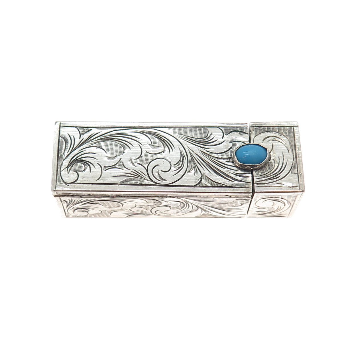 800 Silver Antique Art Deco Real Turquoise Engraved Tube Slide Lipstick Case