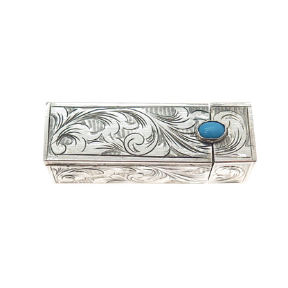 800 Silver Antique Art Deco Real Turquoise Engraved Tube Slide Lipstick Case