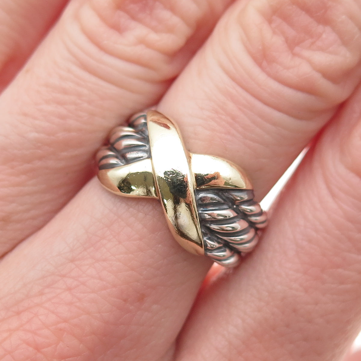 David Yurman 925 Sterling Silver 14K Gold Vintage X-Shape Ring Size 6.25