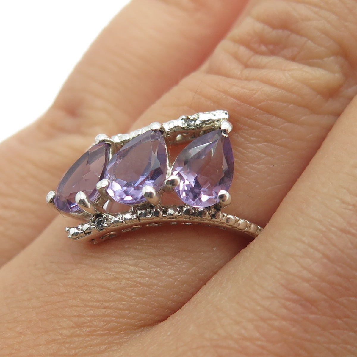 925 Sterling Silver Vintage Real Diamond Accent & Amethyst Bypass Ring Size 6