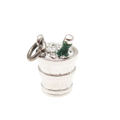 WELLS 925 Sterling Silver Vintage Enamel Champagne Bucket 3D Mini Charm Pendant