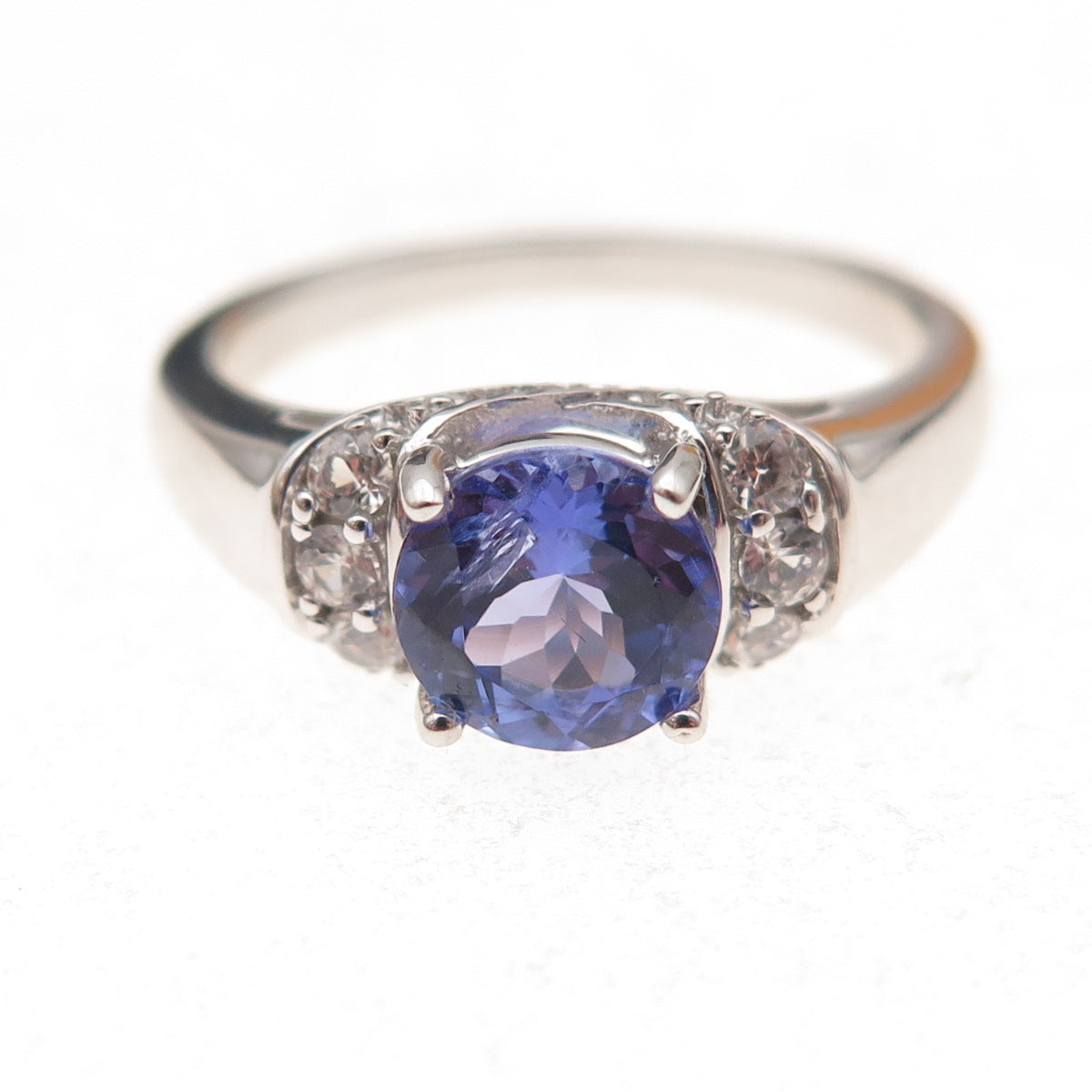 925 Sterling Silver Real Round-Cut Tanzanite & White Topaz Ring Size 8