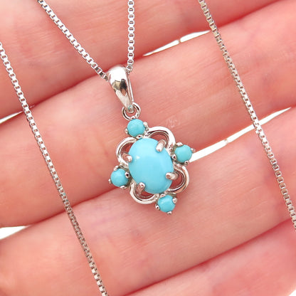 925 Sterling Silver Real Tyrone Turquoise Floral Box Chain Necklace 18-20"