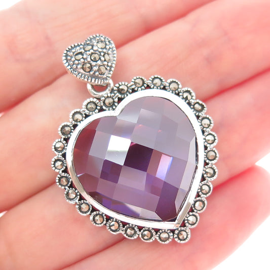 925 Sterling Silver Vintage Nano Amethyst & Real Marcasite Heart Charm Pendant