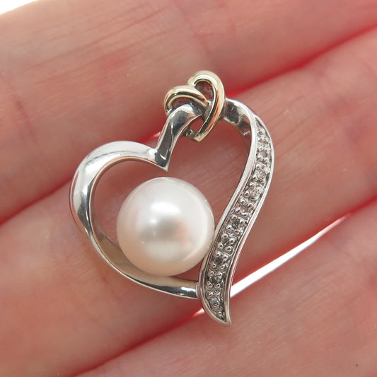 ALWAND VAHAN 14K Gold Sterling Silver Real Diamond & Pearl Heart Mini Pendant