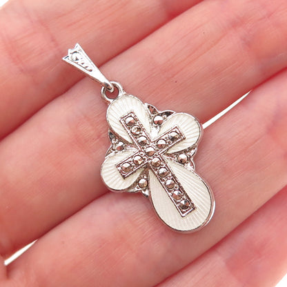 925 Sterling Silver Antique Art Deco Enamel Real Marcasite St Mary Cross Pendant