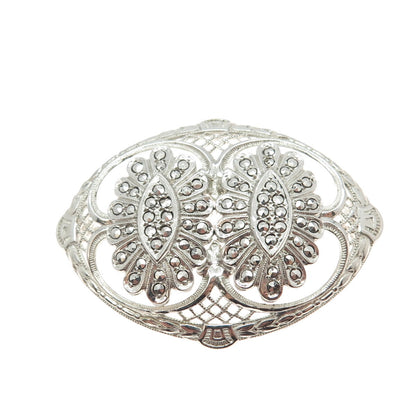KILMER & DANIELS 925 Sterling Silver Antique Art Deco Marcasite Floral Brooch