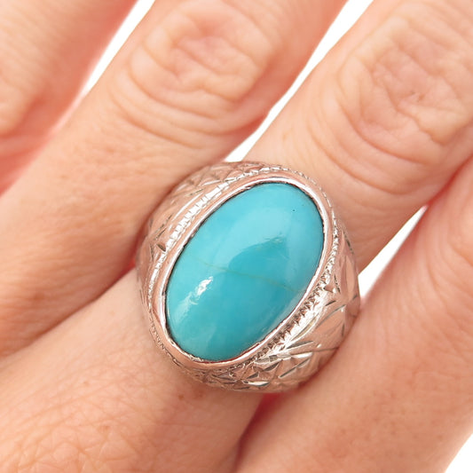 925 Sterling Silver Vintage Real Turquoise Diamond-Cut Oxidized Ring Size 9.75