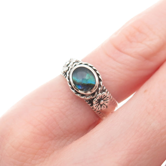 Silver Cloud 925 Sterling Vintage Real Abalone Shell Floral Ring Size 4