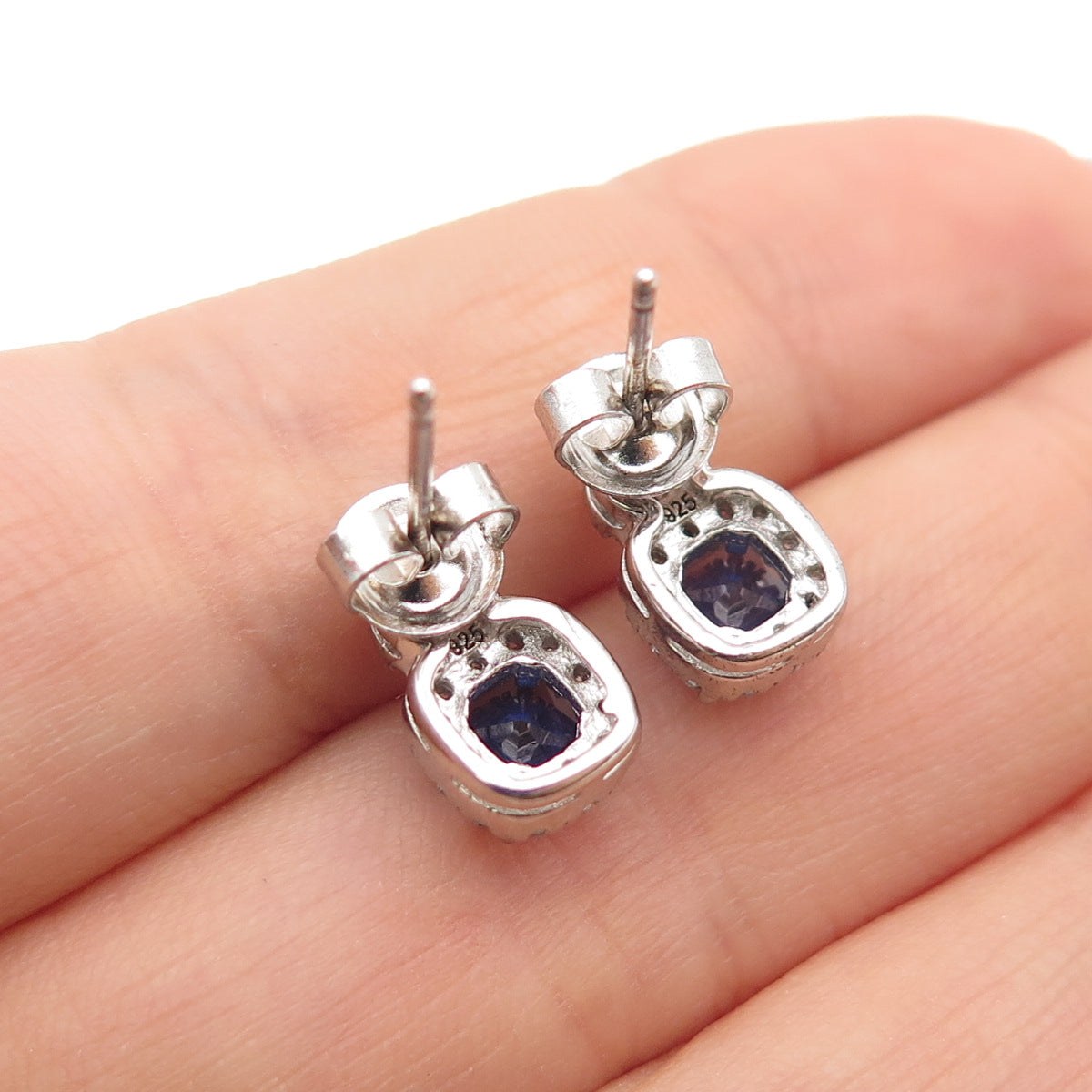 925 Sterling Silver Cushion-Cut Blue & Round-Cut White C Z Stud Earrings