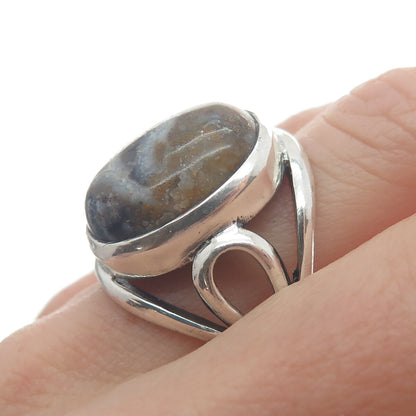 925 Sterling Silver Vintage Real Cabochon Agate Modernist Ring Size 9.25