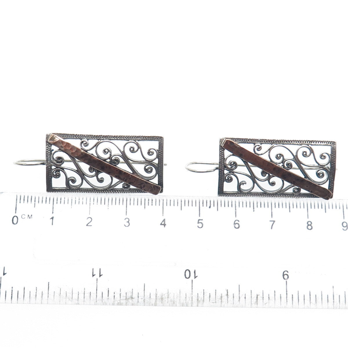 925 Sterling Silver 2-Tone Vintage Modernist Hammered Ornate Earrings