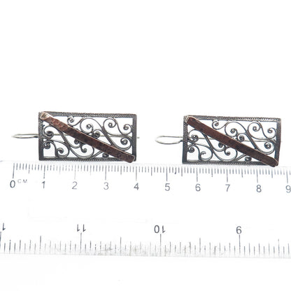925 Sterling Silver 2-Tone Vintage Modernist Hammered Ornate Earrings
